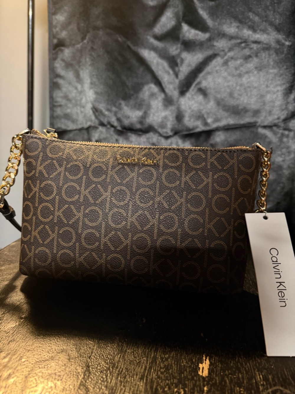 Calvin Klein Brown Monogram Chain Crossbody Bag